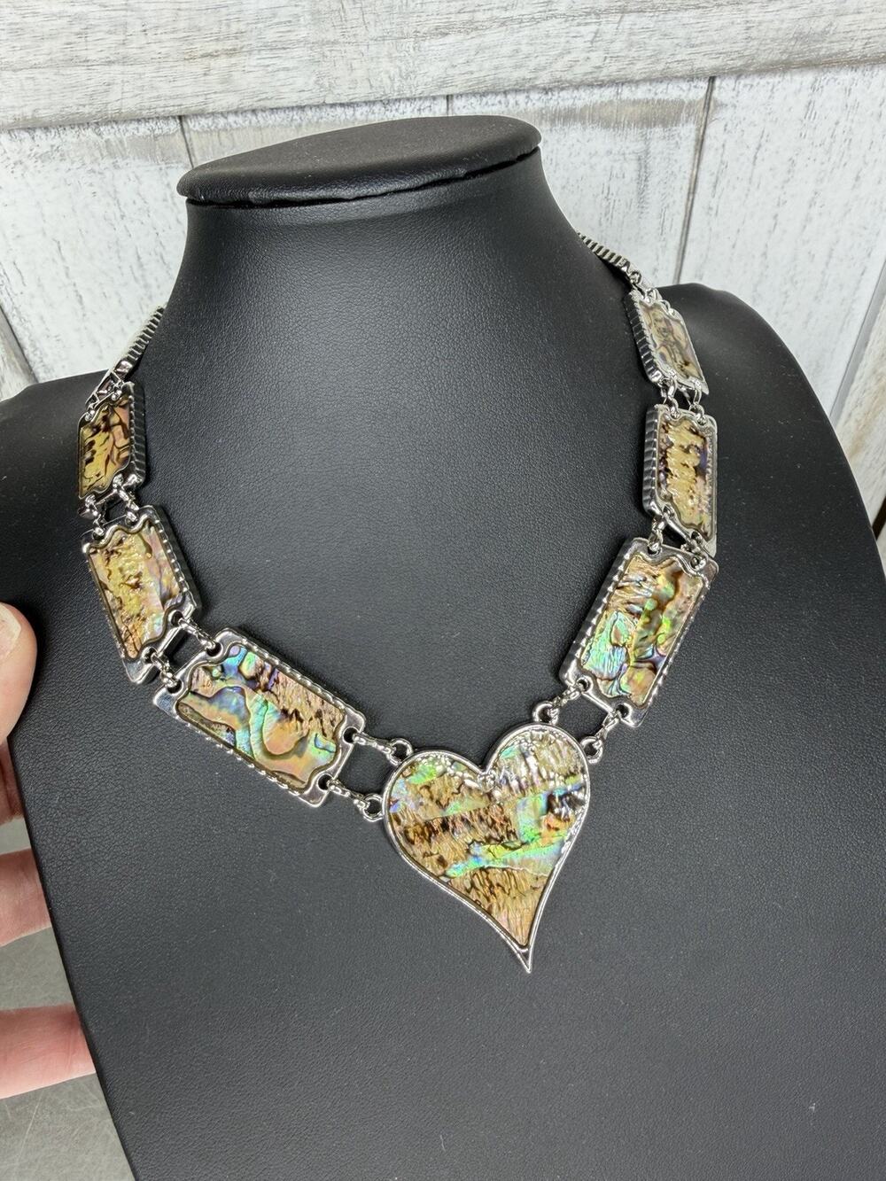 Premier Designs Bib Necklace Silver Tone Abalone Holographic Heart Statement
